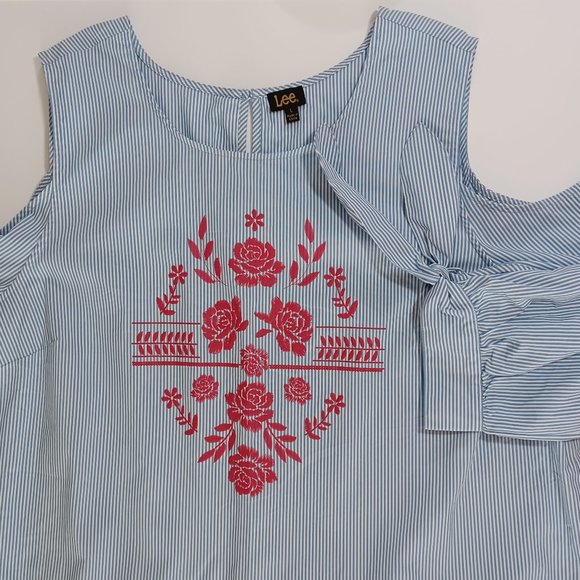 Vintage Excellent Lee Blue Stripe Red Floral Print Open Shoulder Blouse L - Picture 3 of 3